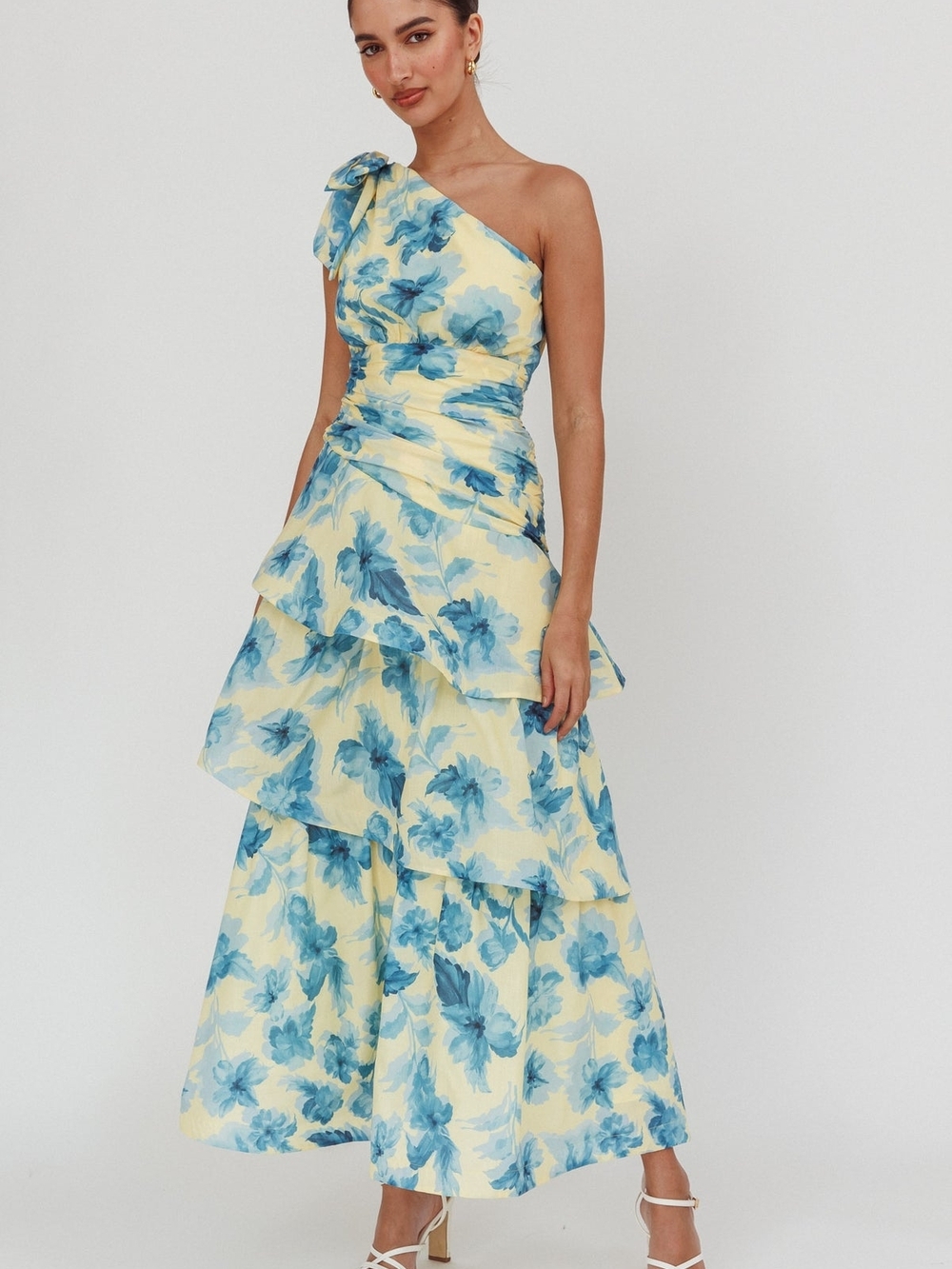 SAINTS & SECRETS One-Shoulder Blue  Floral Tiered Ruffle Maxi Dress Size Medium